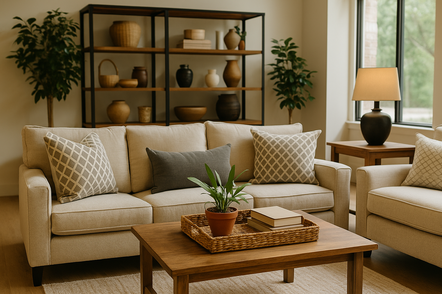 Warm wooden furniture and soft furnishings in an inviting living space